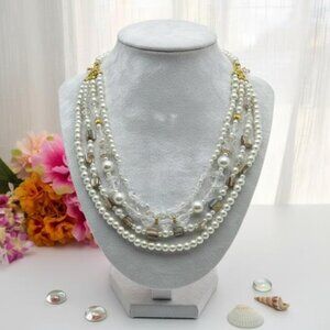 Premier Designs Layered Faux Pearl Mother Of Pearl Statement Necklace 22" Adj